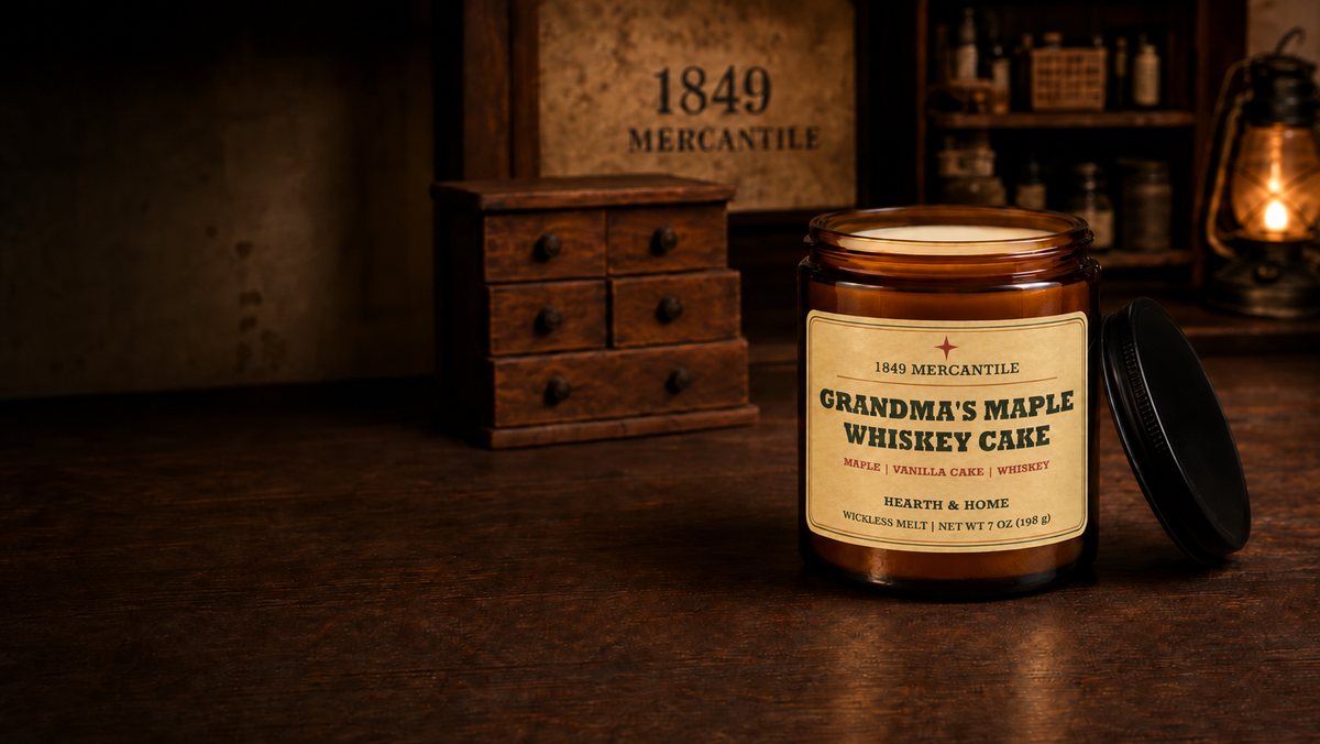 Grandma’s Maple Whiskey Cake with the correct cream label in an AI-assisted mercantile scene.